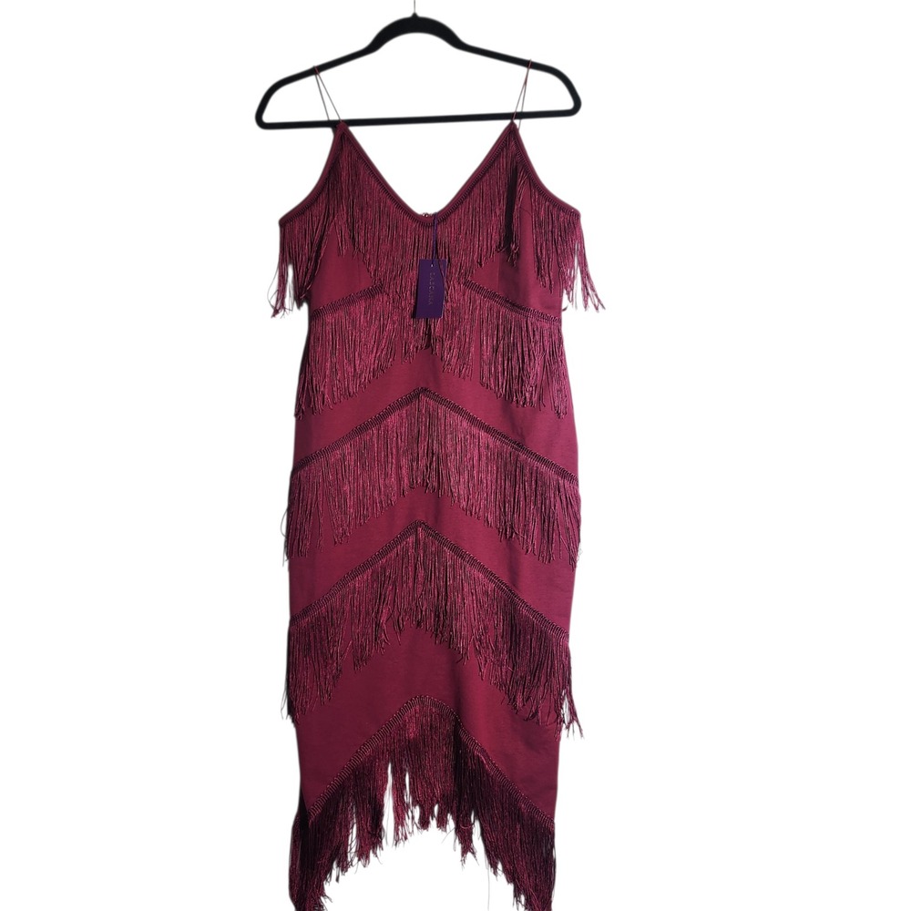 Lascana Burgundy Fringe Midi Dress Womens Large New V-Neck Spaghetti Strap‎ Wine